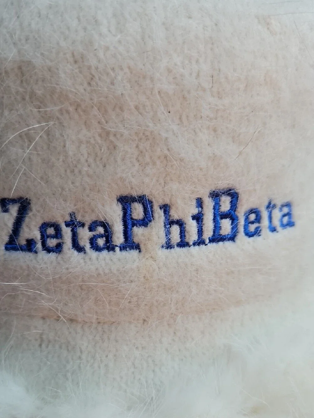 New Ivory White Cream Angora Wool Fur Bucket Hat with ZetaPhiBeta Embroidery